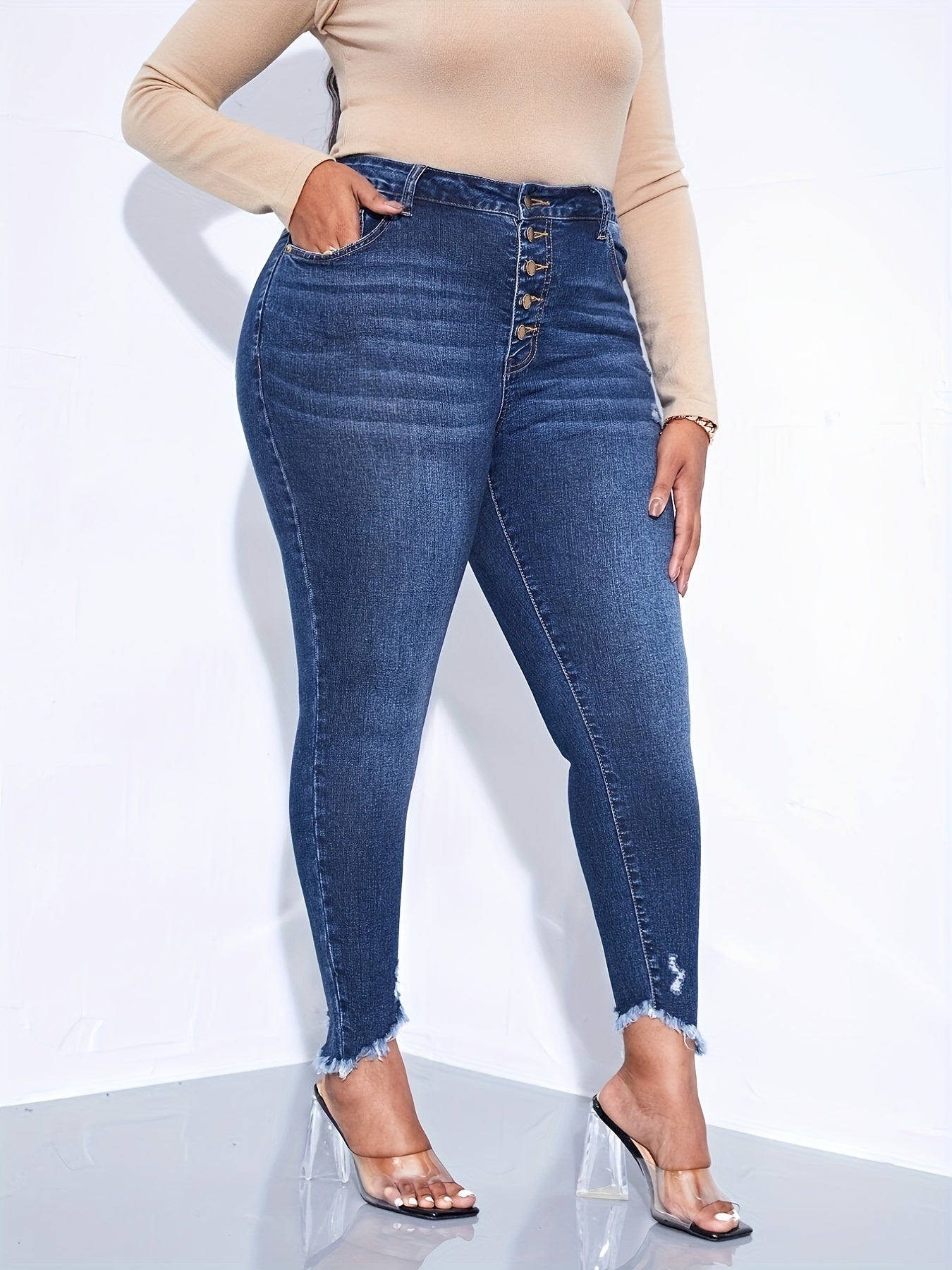 Washed Ripped Fringe High Stretch Jeans