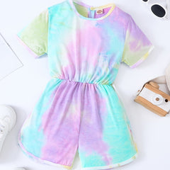 Girls Tie Dye Romper Short Sleeve Jumpsuit Kids Summer Clothes