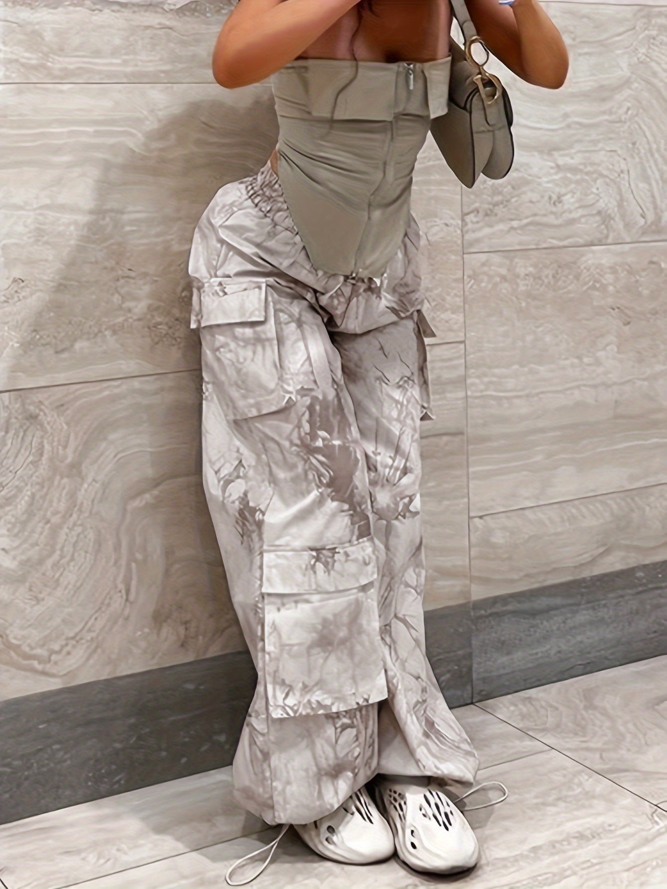 Camo Print Wide Leg Pants Casual Loose Drawstring Long Length