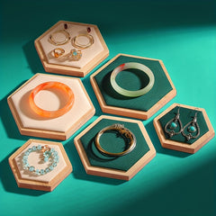 3Pcs Hexagonal Bamboo Jewelry Display Plate & Rack Set