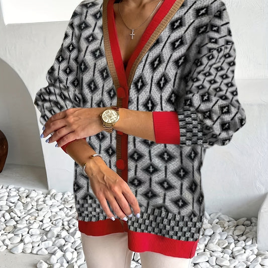 Women's Plus Geometric Print Button Up Cardigan