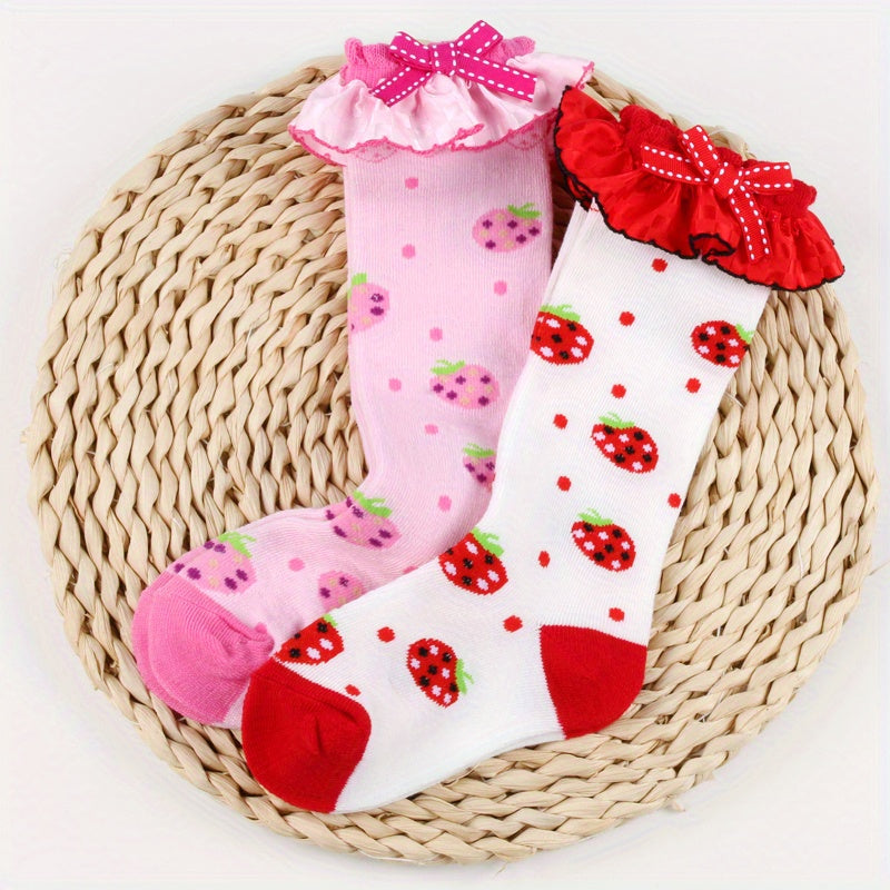 2 Pairs Knee Lace Socks Strawberry Jacquard Kids Bow Jewelry Socks Girls