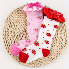 2 Pairs Knee Lace Socks Strawberry Jacquard Kids Bow Jewelry Socks Girls