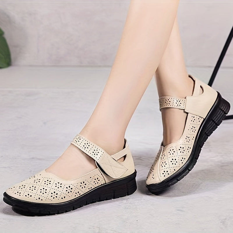 Women's Hollow Out Flat Shoes Breathable Hook & Loop Strap Walking Shoes