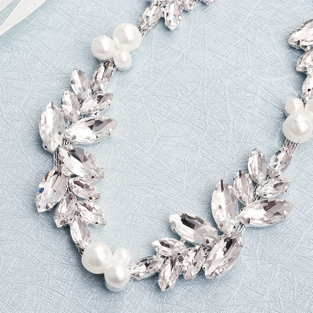 Bridal Pearl Waist Chain Belt with Rhinestone Floral and Faux Pearls