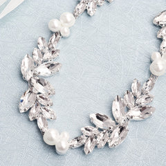 Bridal Pearl Waist Chain Belt with Rhinestone Floral and Faux Pearls
