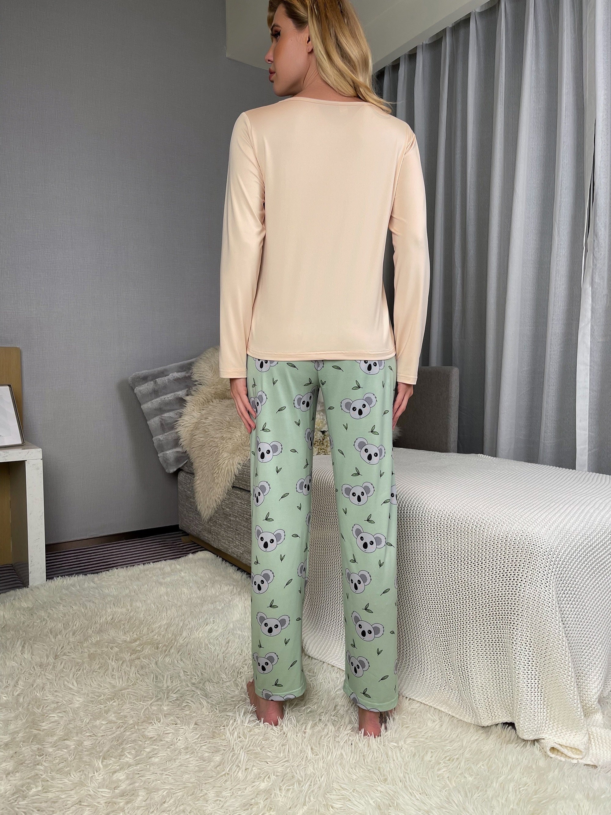 Koala Print Pajama Set Long Sleeve Top & Pants Women's Sleepwear