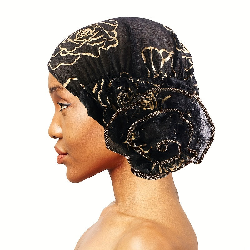 Hot Stamping Flower Pre Tied Head Scarves Ruffles Turban Cap