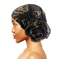 Hot Stamping Flower Pre Tied Head Scarves Ruffles Turban Cap