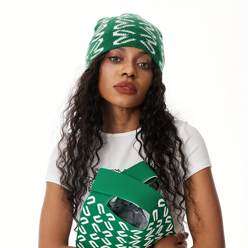 Geometric Jacquard Beanie Y2K Knit Hat Solid Hip Hop Elastic Skull Hat