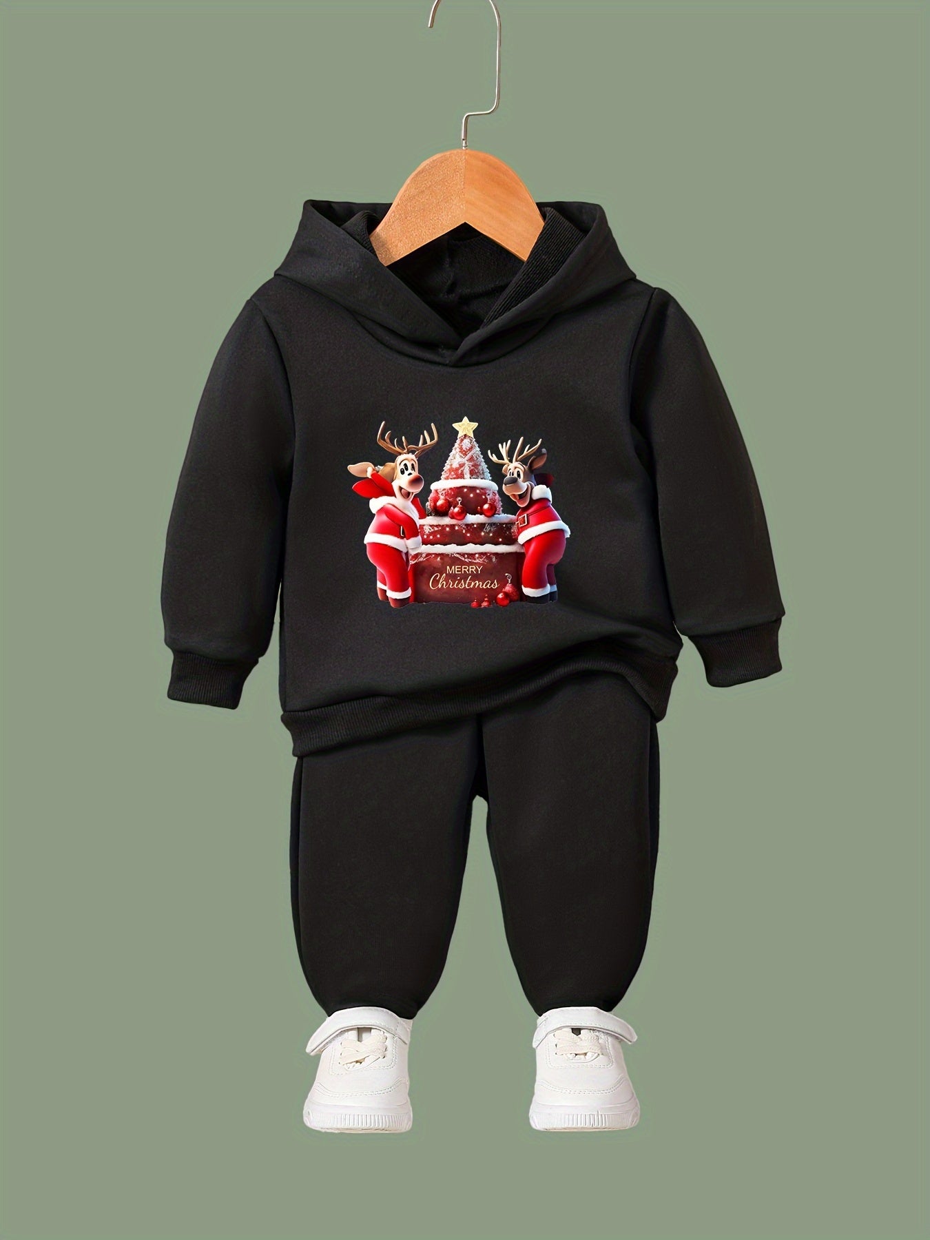 Reindeer & Christmas Cake Print Girls Hoodies Jogger Pants Set