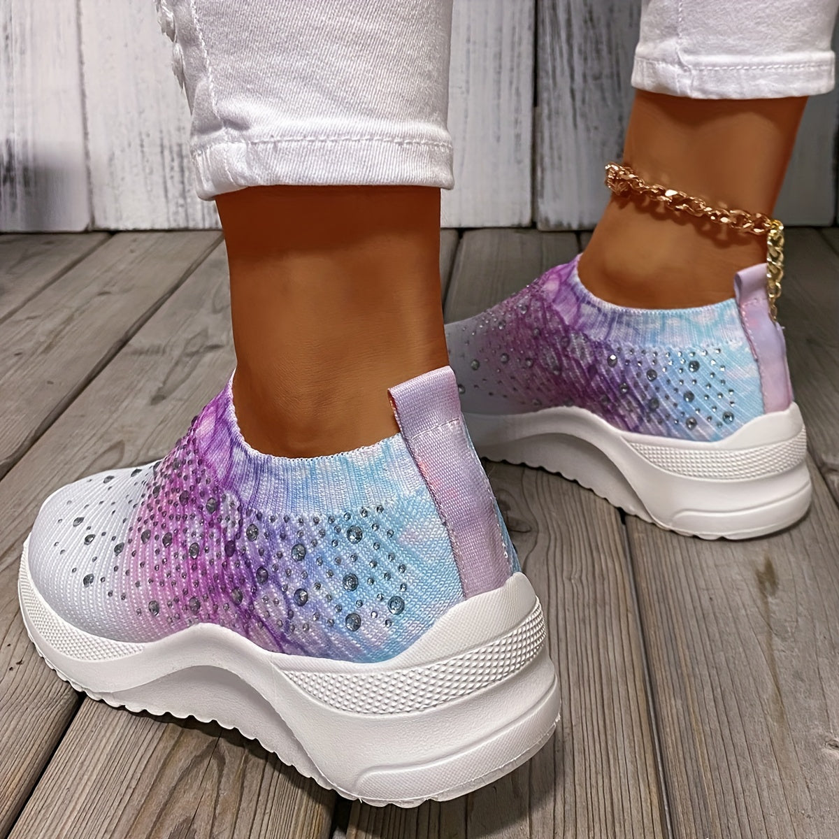 Women's Rhinestone Platform Sneakers Casual Slip-On Shoes