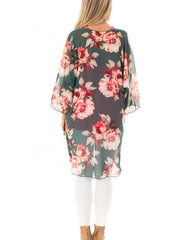 Floral Print Cover Up Shirt V Neck Loose Fit Semi Sheer Long Sleeves
