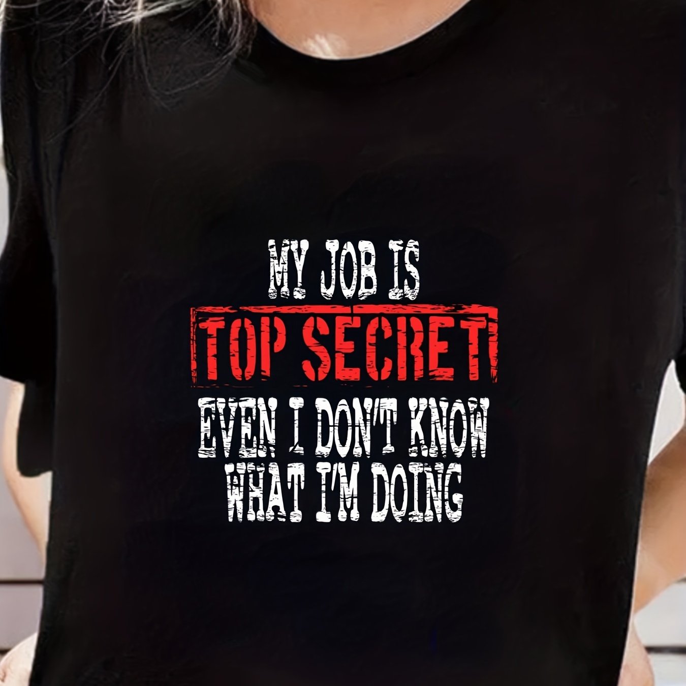 Letter Print Round Neck Casual T Shirts Mid Stretch Short Sleeve