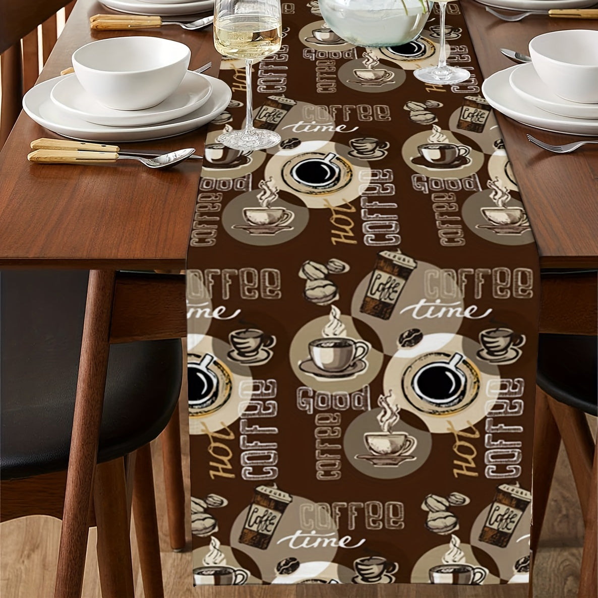 Long Coffee Bean & Cup Pattern Table Runner, Heat Resistant 13x7