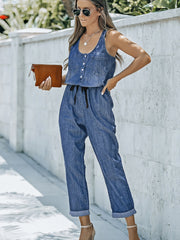 Sleeveless Denim Overalls Wide Leg Jumpsuit Womens Jeans