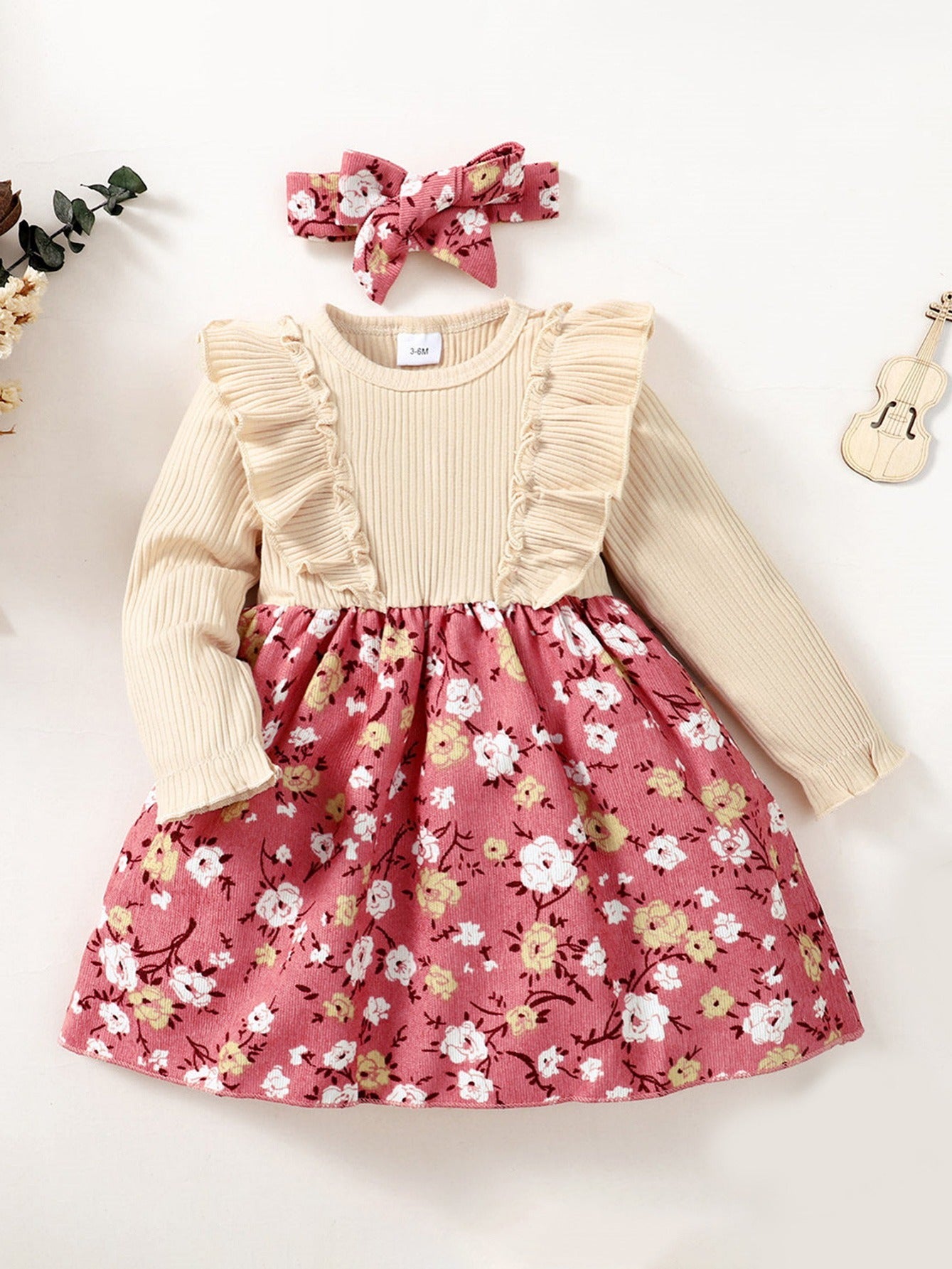 2pcs Floral Print Set: Knitted Ditsy Dress & Bow Headband for Party Baby Clothes