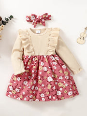 2pcs Floral Print Set: Knitted Ditsy Dress & Bow Headband for Party Baby Clothes