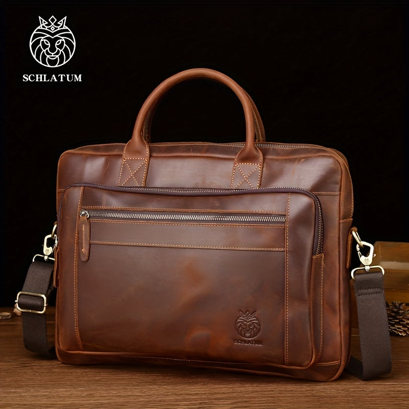 SCHLATUM Leather Briefcase Men Vintage Crazy Horse Business Bag