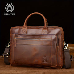 SCHLATUM Leather Briefcase Men Vintage Crazy Horse Business Bag