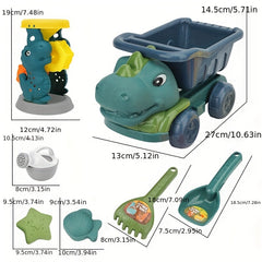 7pcs Dinosaur Beach Toy Set Dump Truck Watering Can Shovel Rake Sand Molds