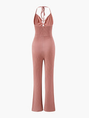 Solid Textured Halter Neck Jumpsuit Vacation Heart Shape Decor Jumpsuit