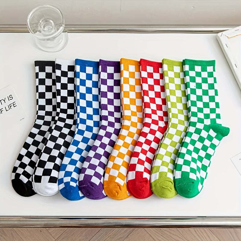 8 Pairs Plaid Crew Socks for Women Comfy & Breathable All Match Stockings