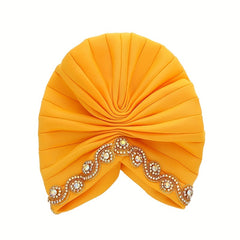Yellow Rhinestone Decor Headwrap Pleated Turban Cap Bonnet Women Elastic