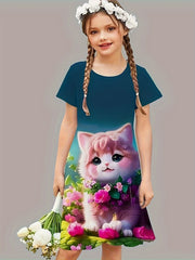 Sweet Flower Cat Print Crew Neck Short Sleeve Dress For Summer Party