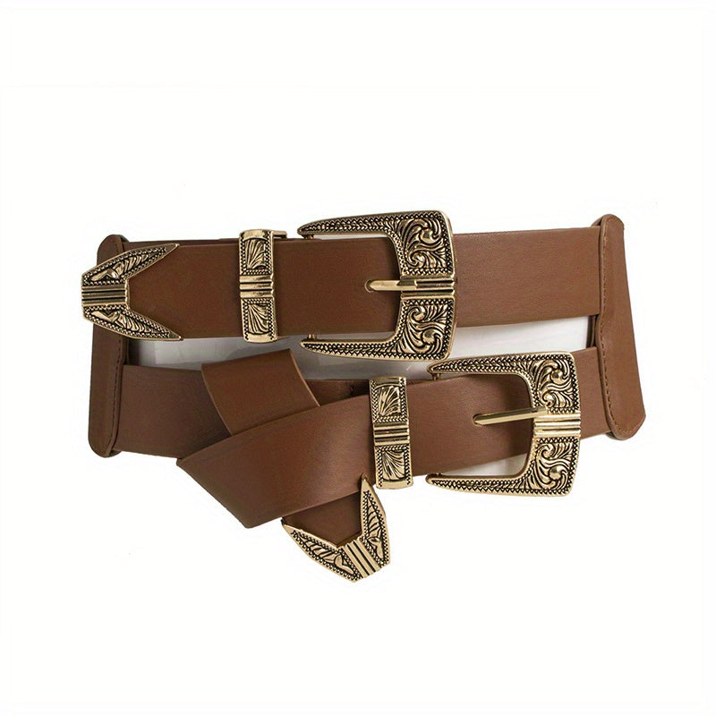 Vintage Double Layer Engraved Buckle Wide Elastic Girdle