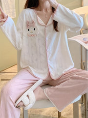 Cartoon Print Pajama Set Long Sleeve Top & Pants Women's Sleepwear