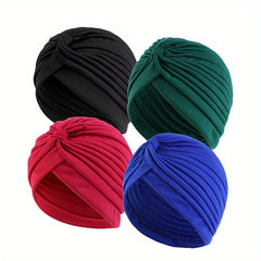 Solid Turban Cap Pleated Head Wrap Elastic Bonnet Women Ramadan Hijab Chemo Hats