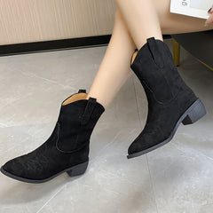 Women's Western Ankle Boots Embroidery Pull On Shoes Chunky Heeled Cowgirl Boots