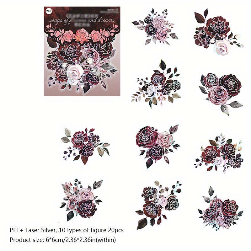 20PCS Flower & Dream Song Dark Flower Laser Silver PET Stickers