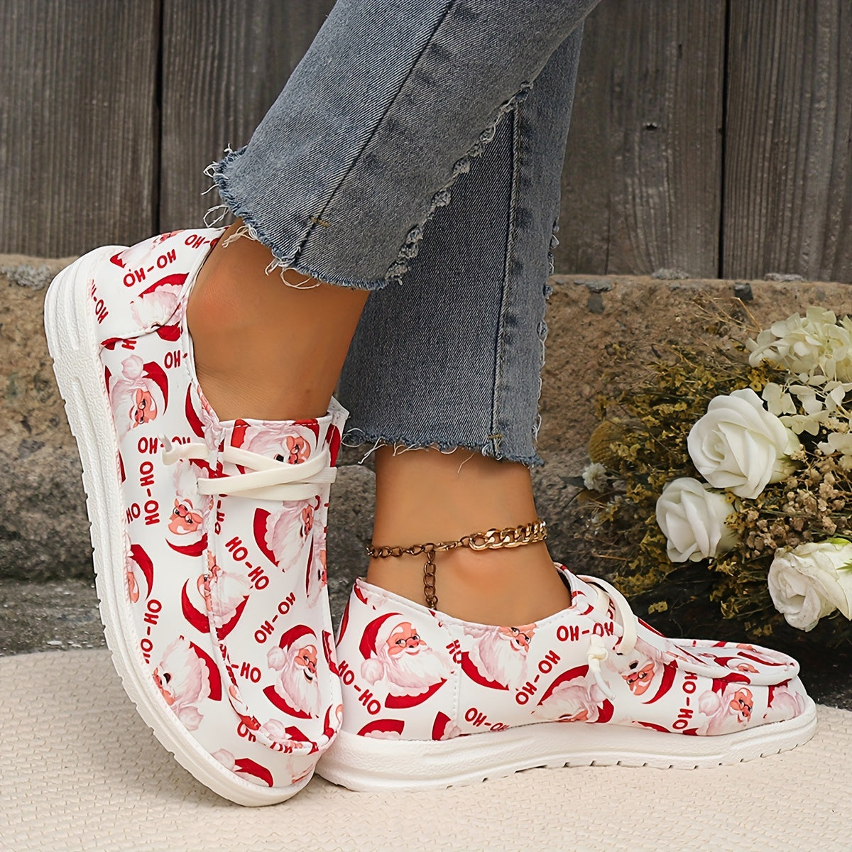 Christmas Santa Print Slip-On Canvas Sneakers Lightweight Loafers Shoes
