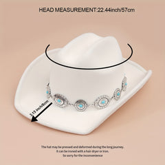 Turquoise Chain Decor Fedora Cap Solid Boho Jazz Hat Unisex Cowgirl Felt Hat