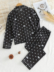 Girls 2pcs Crown Polka Dot Print Pajamas Set