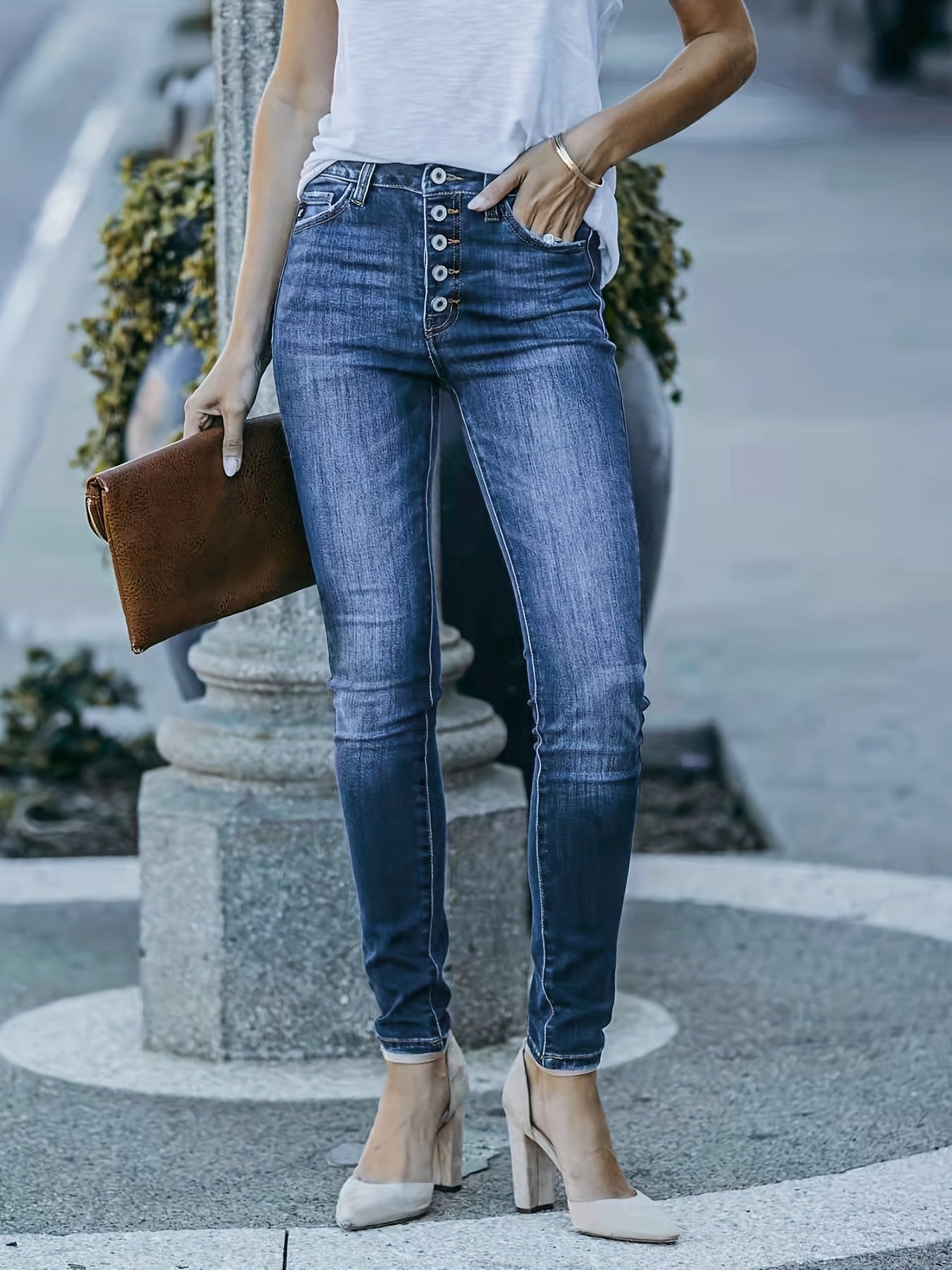 Button Fly Slim Fit Stretch Denim Pants