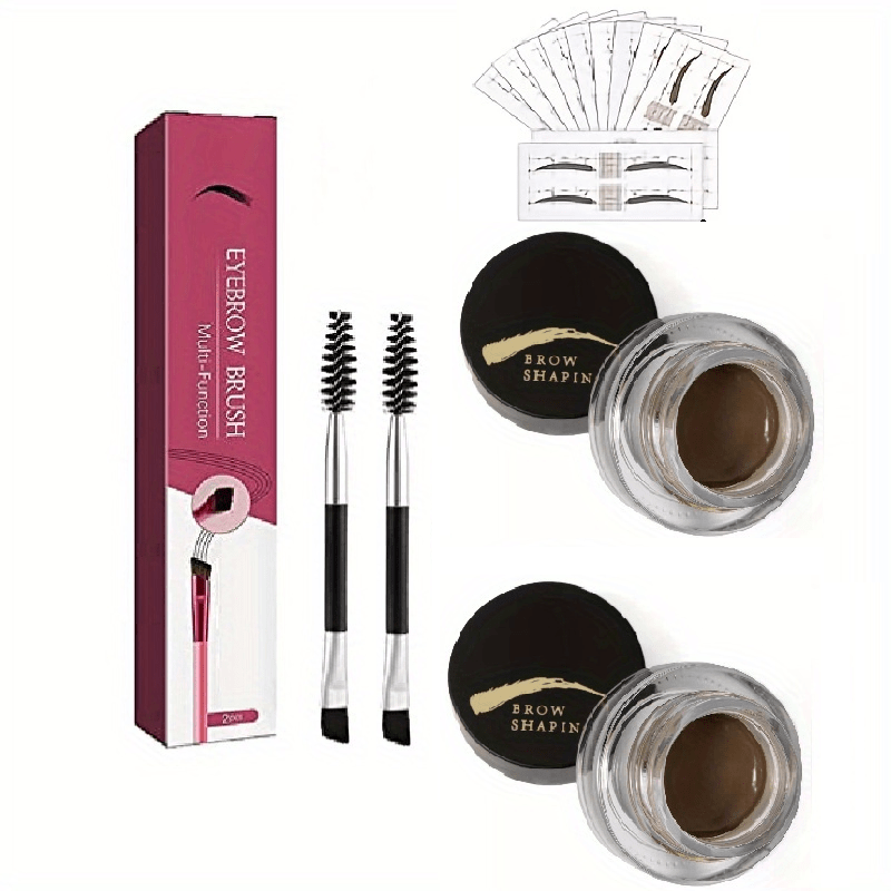 2pcs Eyebrow Pomade With Brush + 2 Pcs Eyebrow Gel Brush + 10pcs Eyebrow Stencil