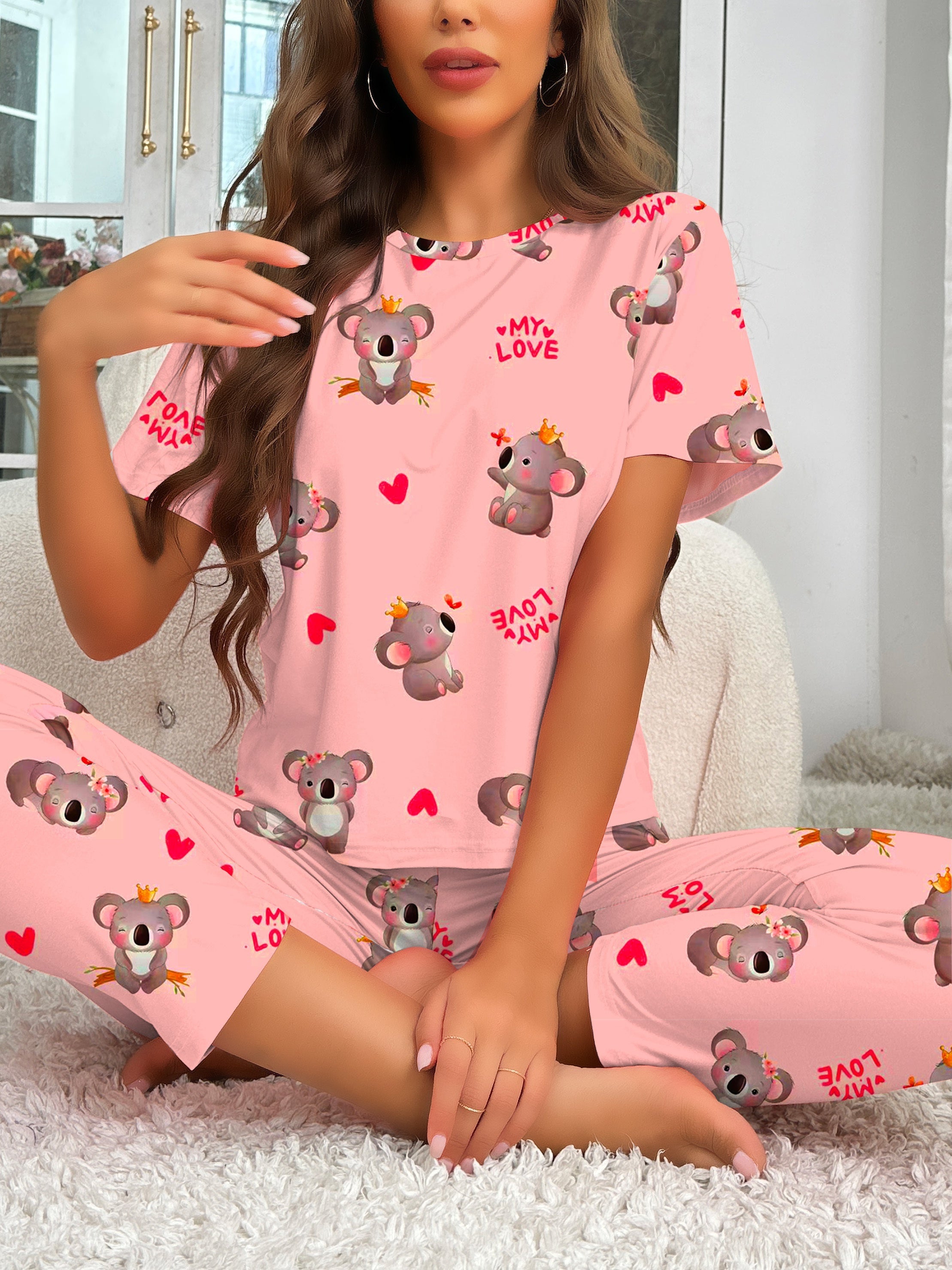 Koala Print Pajama Set Short Sleeve Top & Pants Women's Sleepwear