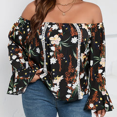Blouse Women's Plus Floral Print Off Shoulder Bell Sleeve Shirt Top