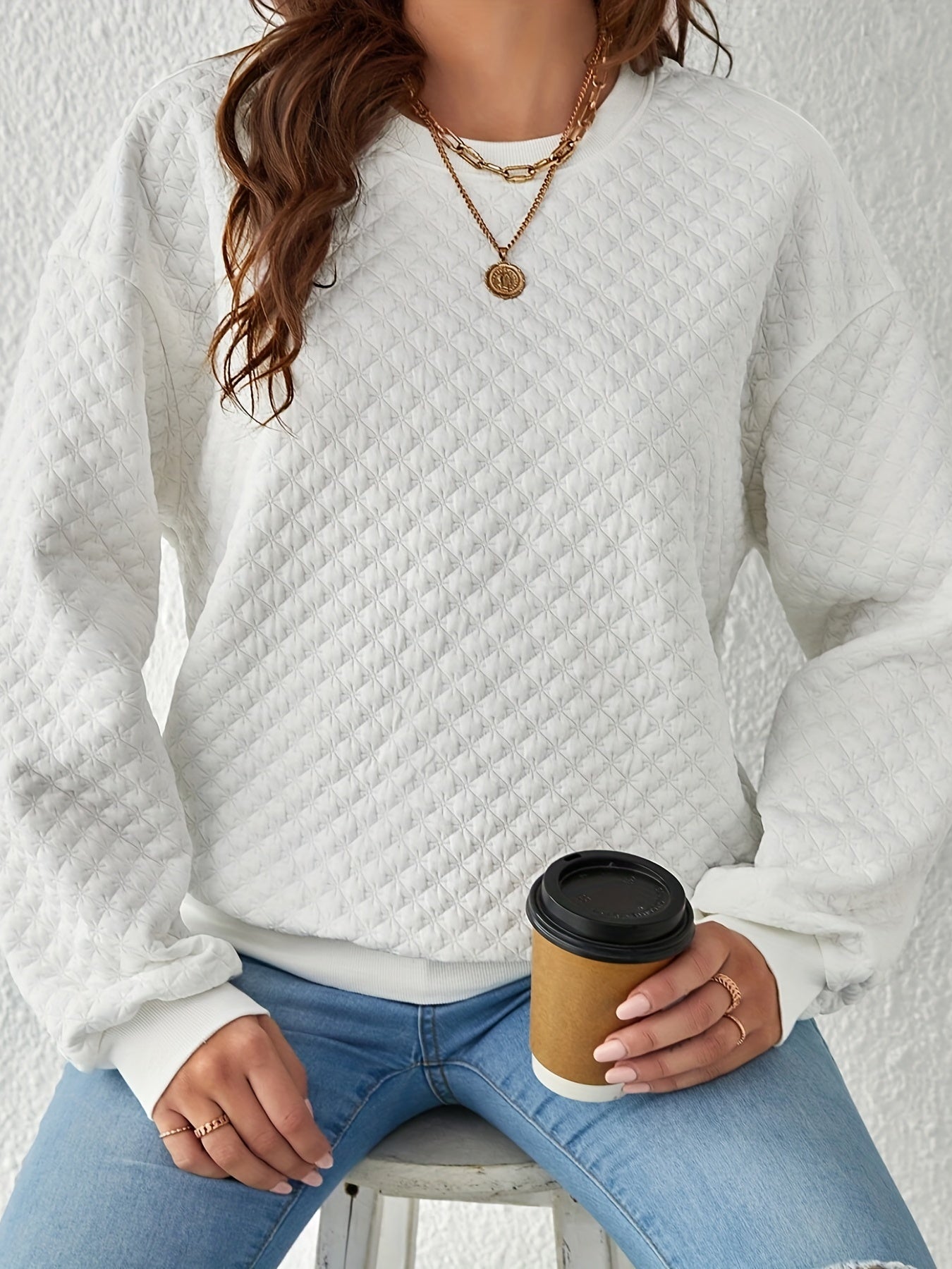 Textured Pullover Sweatshirt Long Sleeve Crew Neck for Women