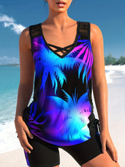 Women's Plus Tropical Print Tankini Set with Lace Top & Shorts
