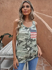 Camo Print American Flag Pocket Tank Top