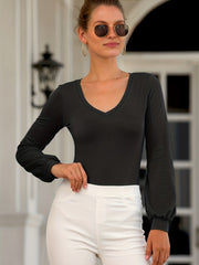 Solid Bodysuit Lantern Sleeve V Neck Casual One Piece Bodysuit
