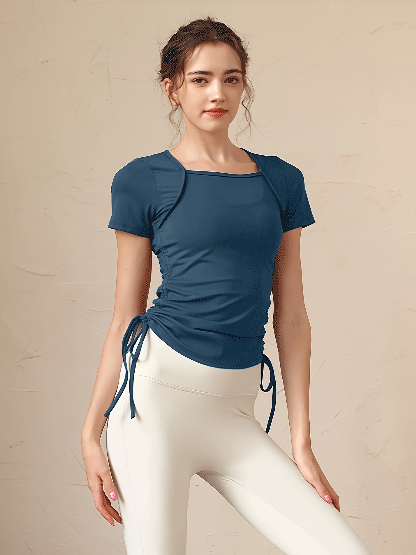 Drawstring Tie Side Yoga Top Short Sleejsonves Slim Fit