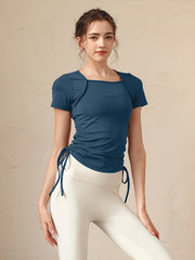 Drawstring Tie Side Yoga Top Short Sleejsonves Slim Fit