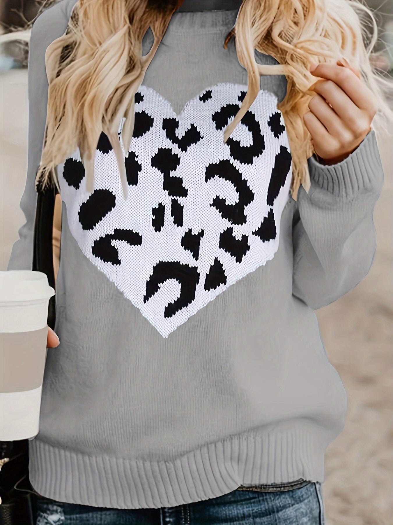 Casual Sweater Women's Plus Leopard Heart Pattern Pullover Jumper