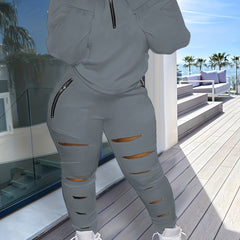 Two Piece Set: Long Sleeve Half Zipper Sweatshirt & Ripped Pants