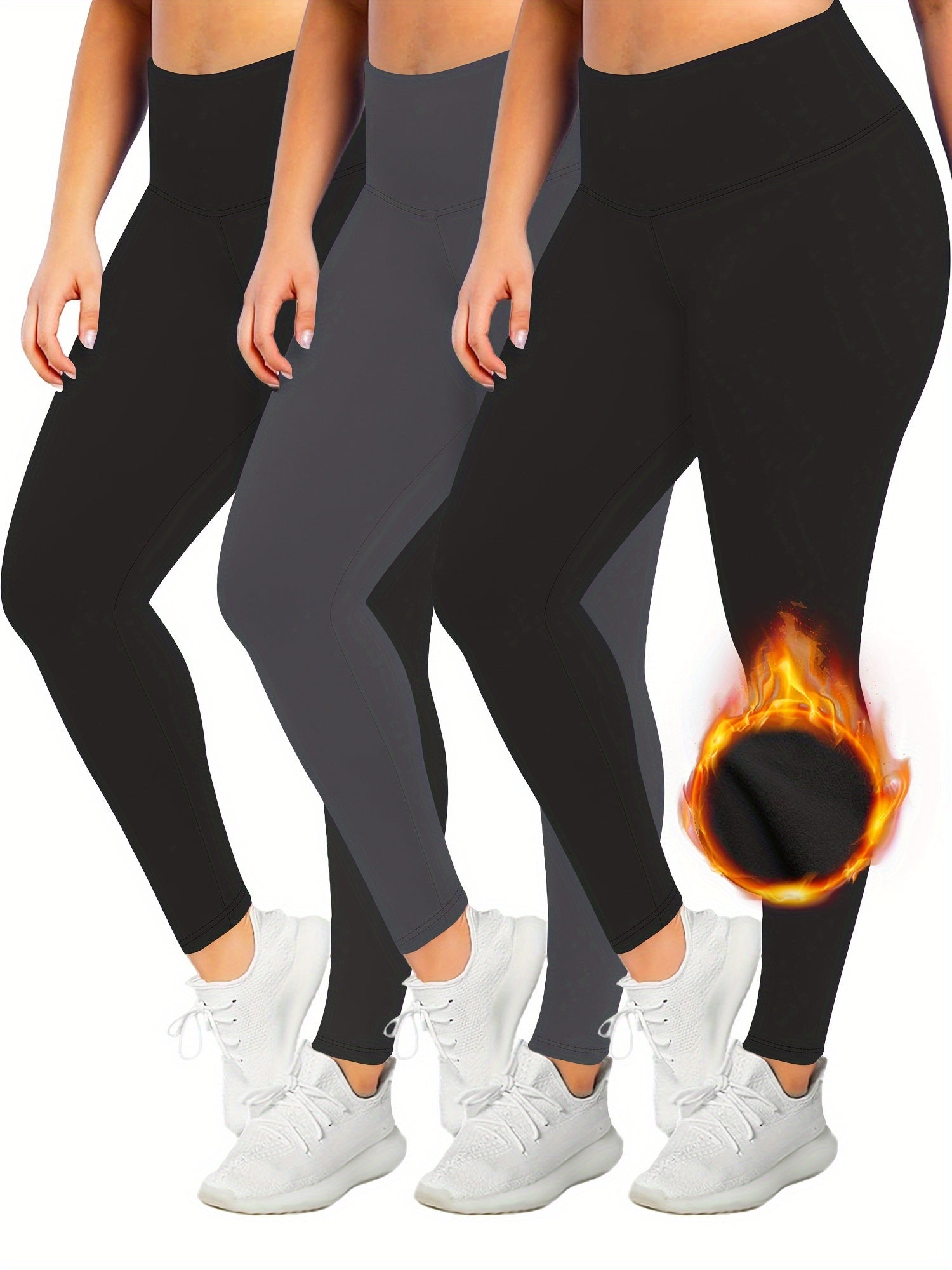 3 Pack Plus Size Casual Leggings Set Women's Plus Solid Liner Fleece